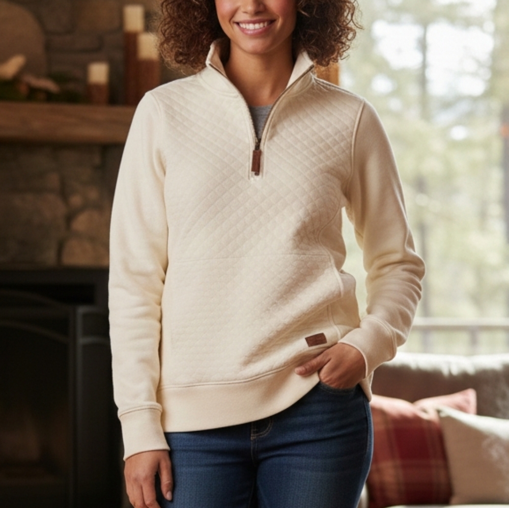 L.L. Bean Cream Quilted Quarter Zip Pullover